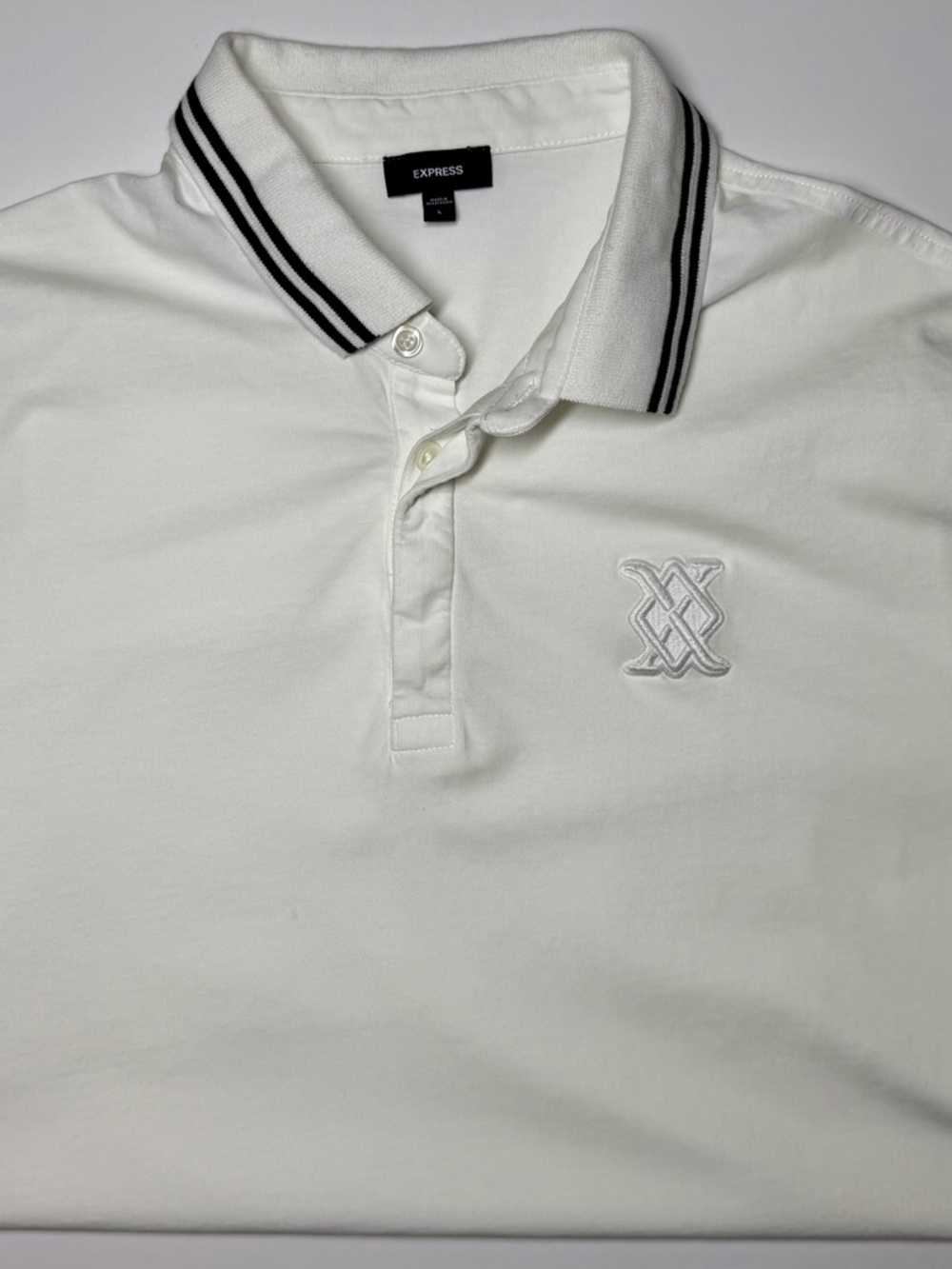 Express White Pima Cotton Polo Shirt Tipped Collar Embroidered X‎ Logo Men’s L